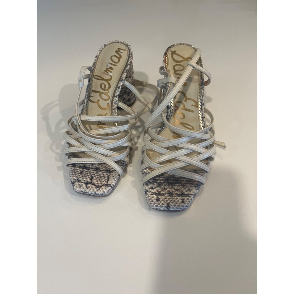 Sam Edelman Ivory Snakeskin Print Strappy Heeled Sandals With Ankle Straps